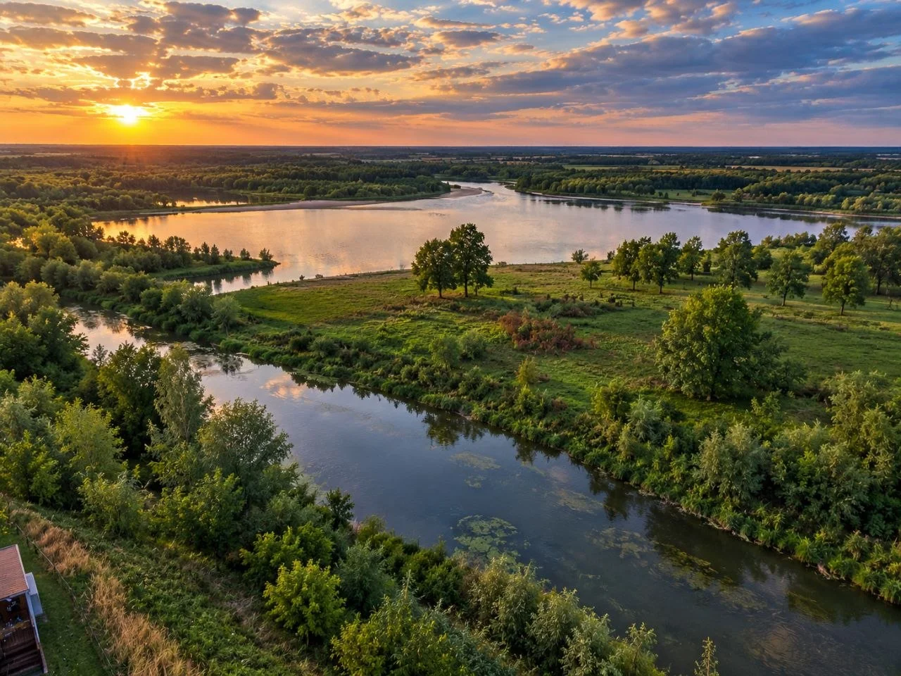 Вид на реку и зелёные берега на закате