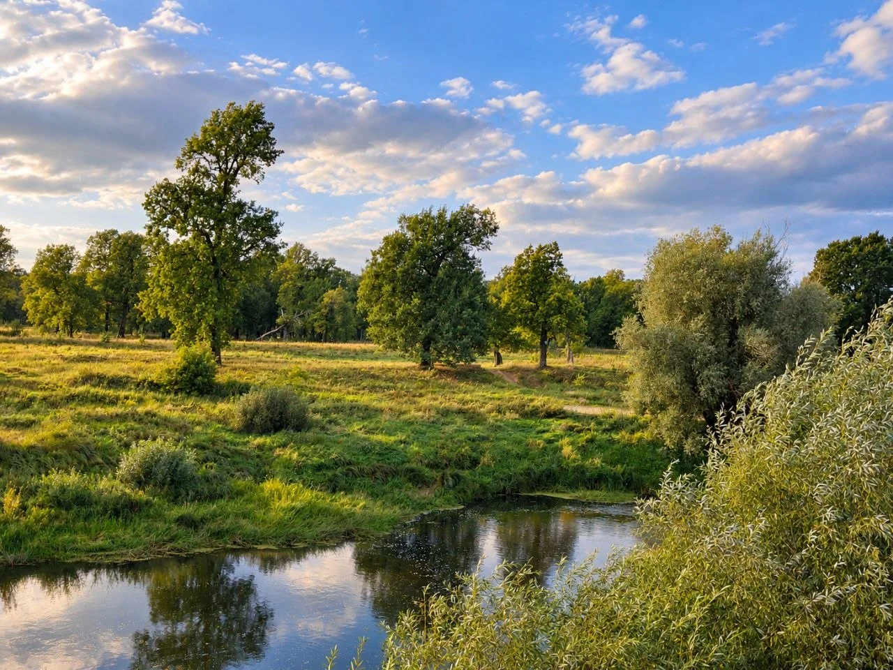 Зелёный берег у спокойной воды в вечернем свете
