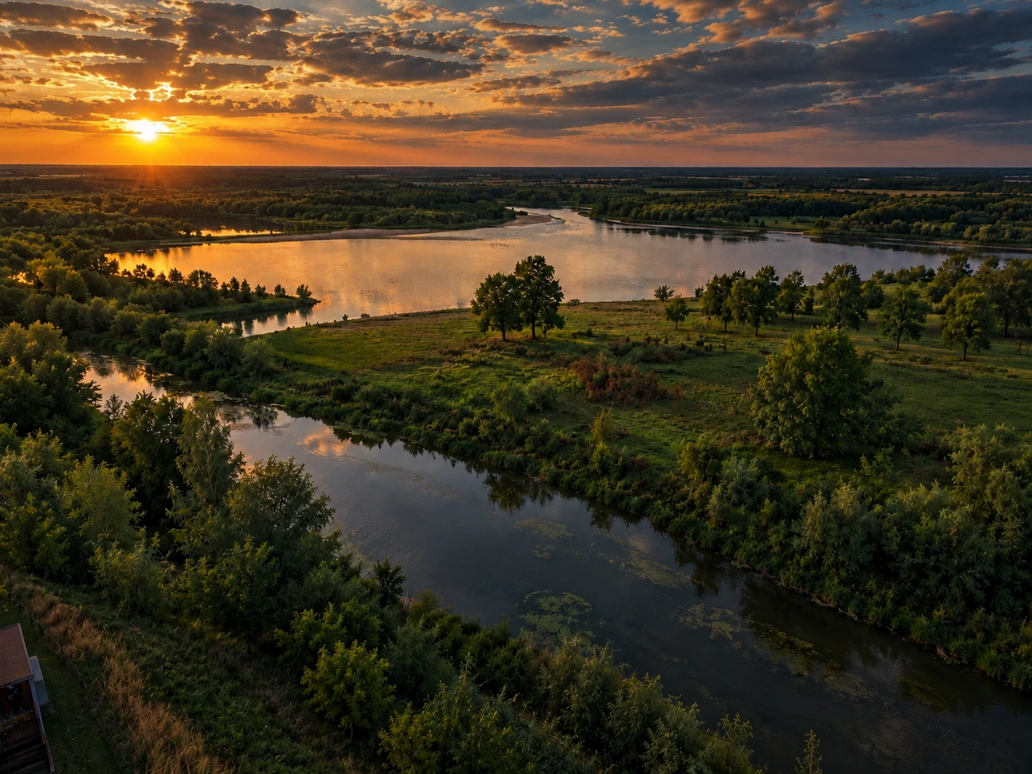 Река и зелёные берега в Жёлнино на закате